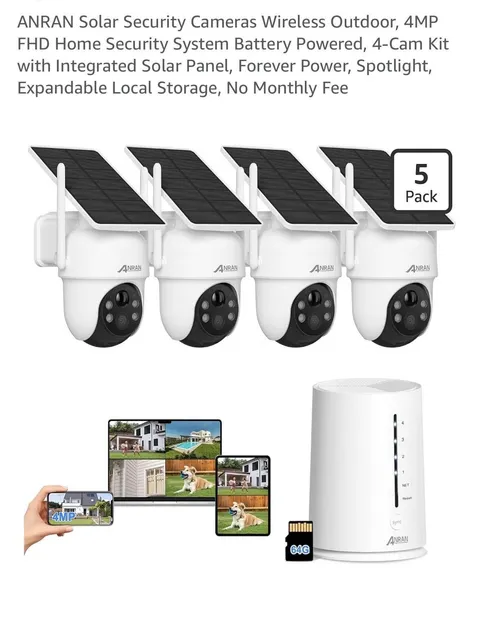 ANRAN Solar Security Camera System – 4 Cameras + Hub – 4MP FHD Wireless Outdoor 