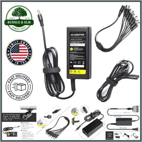12V 5A Power Adapter for Security Cameras with 8-Way Splitter Cable Option
