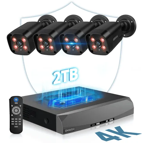 OHWOAI 4K PoE Security Camera System, 8.0MP, 4 Black Wired Outdoor Cameras, 130
