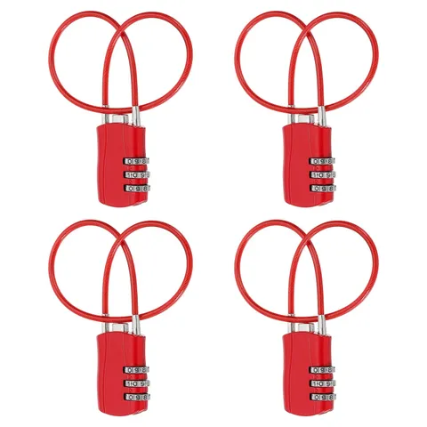 4 Pcs 3 Digit Luggage Cable Combination Lock with 12" Long Cable, Red