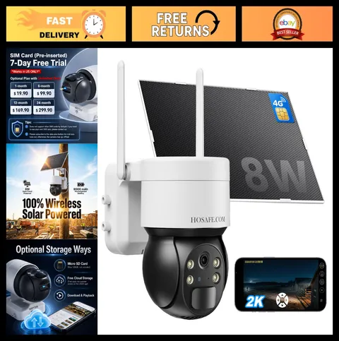 4G LTE Solar Security Camera Outdoor 360° PTZ | 2K HD, PIR Motion Detection, 2-W
