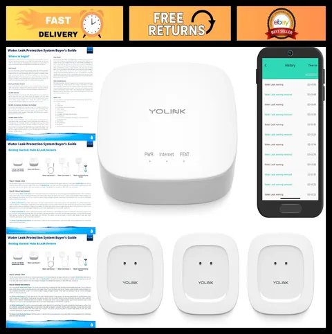 Smart Home Starter Kit - Hub & 3 Water Leak Sensors, Long Range, SMS Alerts, Ale