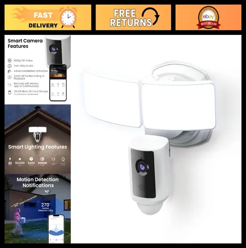 Smart WiFi Floodlight Security Camera 5000 Lumens 1080p HD, Motion Detection, Tw