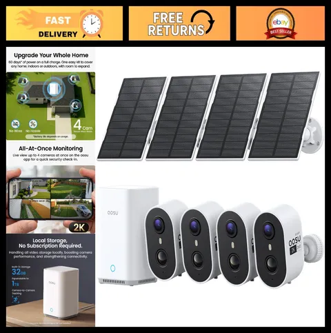 2K Wireless Solar Security Camera System, 4-Cam Kit, HD Zoom, AI Detection, Nigh