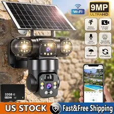 4K 9MP Outdoor Solar Camera WiFi PTZ Tri-Lens Security Surveillance w/ 32GB Card