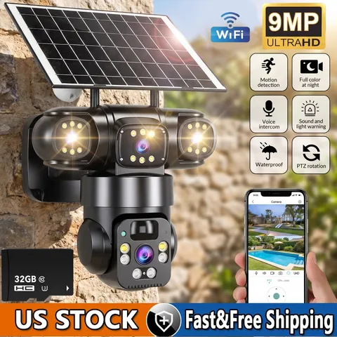 4K 9MP Outdoor Solar Camera WiFi PTZ Tri-Lens Security Surveillance w/ 32GB Card