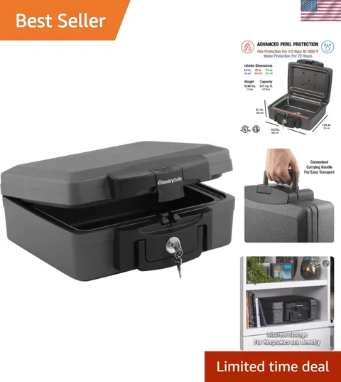 Fireproof and Waterproof Safe, Black Portable Lock Box with Key Lock and Carr...