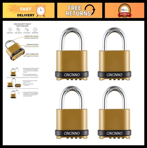 Heavy Duty Weatherproof Combo Lock 4-Pack - Resettable Padlocks for Gates, Sheds