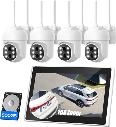 Wireless Security Camera System 10" LCD Monitor WiFi NVR with 500GB HDD, 4xCams