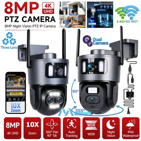 3 Lens 5G&2.4G WiFi Home Security Camera 360° PTZ 4K Dual-Cam Color Night Vision