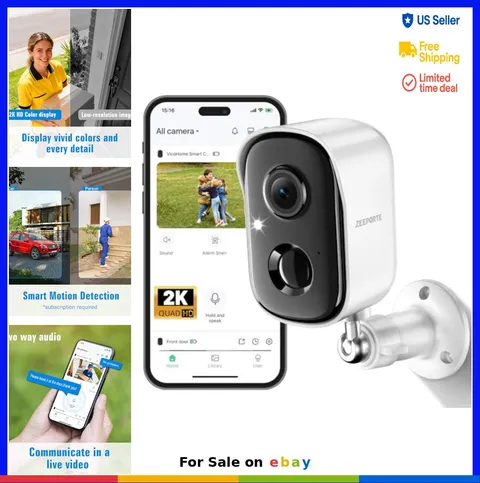 Wireless Outdoor Security Camera 2K Battery Powered Color Night Vision AI