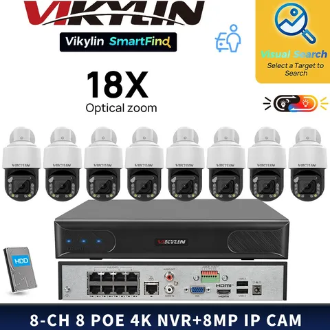 VIKYLIN SmartFind 8POE 8CH NVR 360degree Color+IR 18×ZOOM 8MP PTZ ip Camera Lot