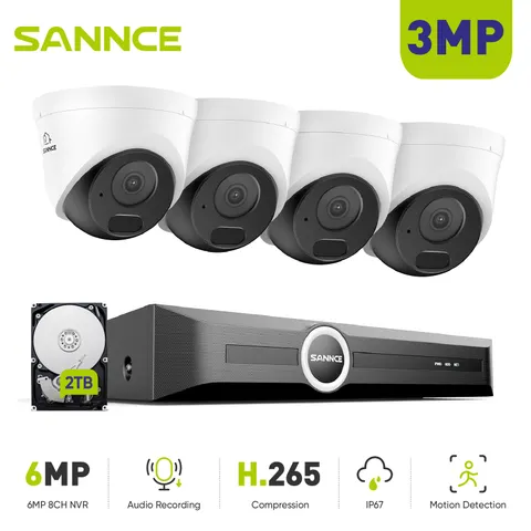 SANNCE 3MP Audio POE AI Security Camera System Outdoor IR Night 8CH 6MP NVR 2TB