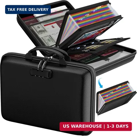 Fireproof Document Box with Lock & 25-Pocket Accordion File Folder | Fire&Water