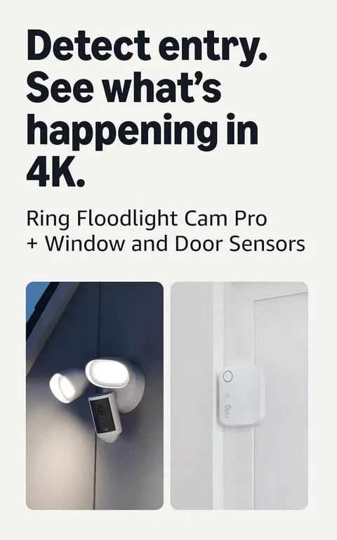 Ring Floodlight Cam Pro (newest model), White with 4 Window and Door Sensors (ne