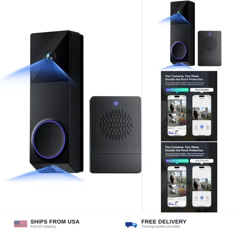 WYZE Wireless Duo Cam Video Doorbell (Chime Included), Battery Powered, 2K Fu...