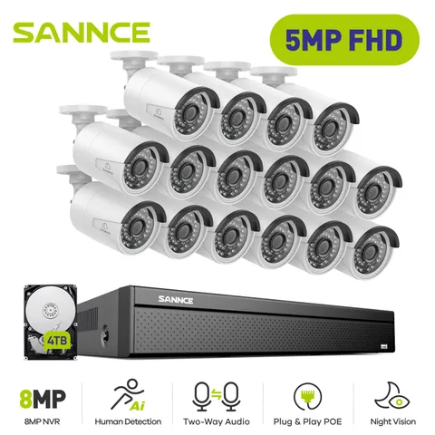 SANNCE 4K 16CH NVR 5MP POE Security Camera System Two Way Audio Human Detection