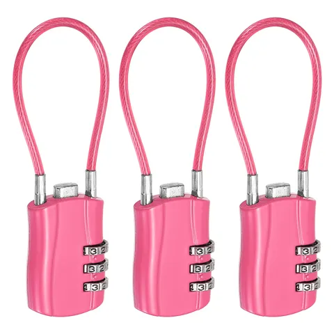 3-Digit Combination Padlock with Coated Steel Wire Rope (5.3", Rose Red) (3Pcs)