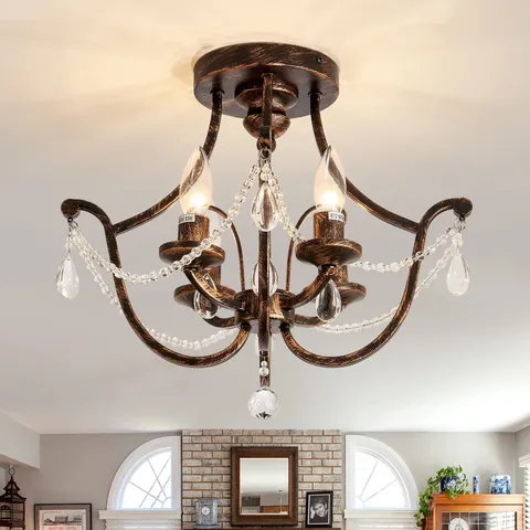 UOFUS Vintage Semi Flush Mount Crystal Chandelier Bronze 4 Light with