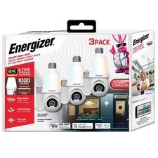 Energizer 5 GHz 2K Pan & Tilt Camera w/ multi-white 1000 Lumen Lightbulb. 3 Pack