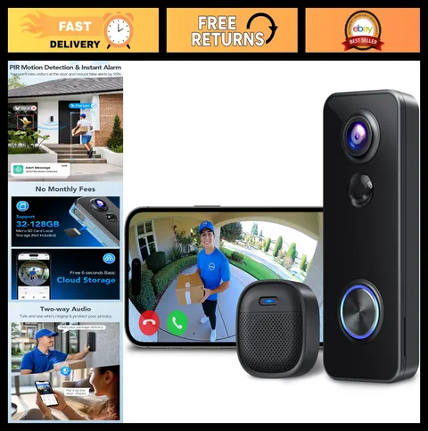 2K Video Doorbell Camera - Head-to-Toe View, Battery Powered, Night Vision, 2-Wa