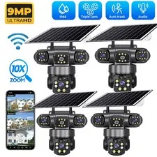 9MP 3-Lens Solar Powered WiFi Security Camera 4K 10X Zoom Surveillance Camera