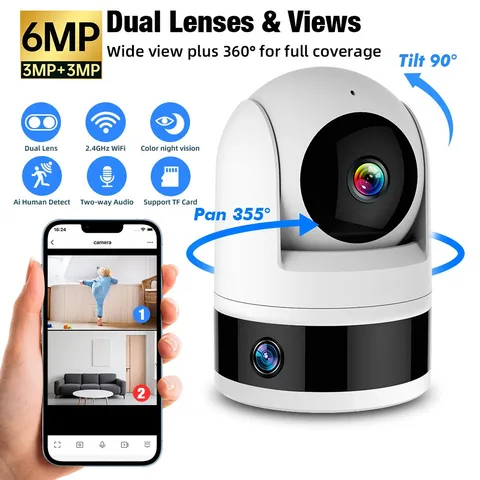 Dual Lens Tuya Smart Security Camera 3K 6MP Pet Dog Camera Baby Monitor AI Auto