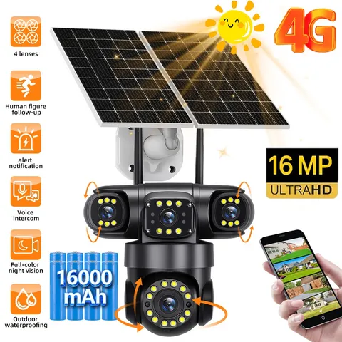 4 Lens Camara De Seguridad Solar 4G SIM Para Exterior Con Vision Nocturna Audio