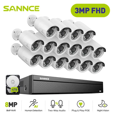 SANNCE 4K 16CH NVR 3MP POE Outdoor IP Security Camera System Two Way Audio AI 4T