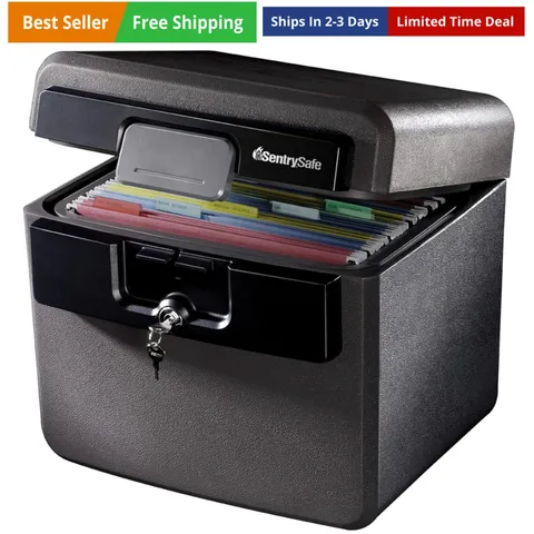 Black Fireproof and Waterproof Safe, File Folder and Document Box with Key Lo...