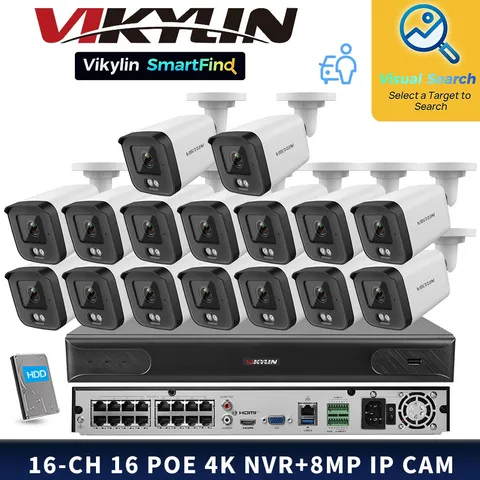 VIKYLIN SmartFind 16POE 16CH NVR System IR30M Network 8MP 4K Security Camera Lot