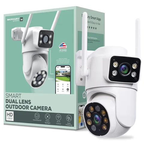 Merkury Smart Outdoor Camera 1080p - Dual Lens Pan-Tilt Security Cam, White(1-P)