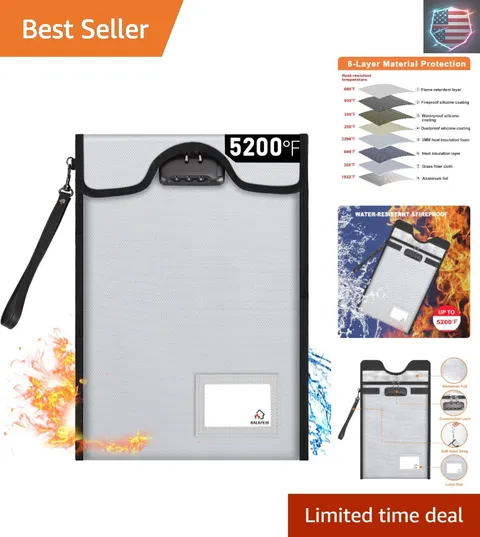 Fireproof Document Bag with Lock 5200℉, 15”x 11”Fireproof Money Bag, Waterpro...