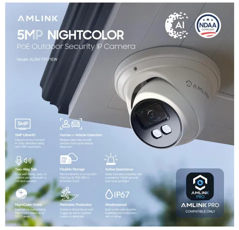 AMLINK 5MP Security AI IP PoE Camera, Night Color 100ft, Human/Vehicle Detection