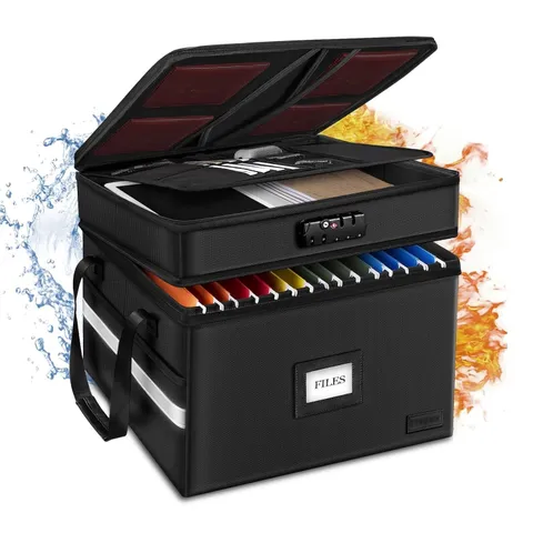Fireproof Document Box W/ Lock 2 Layer File Cabinet Organizer W/ 5 Tab Inserts