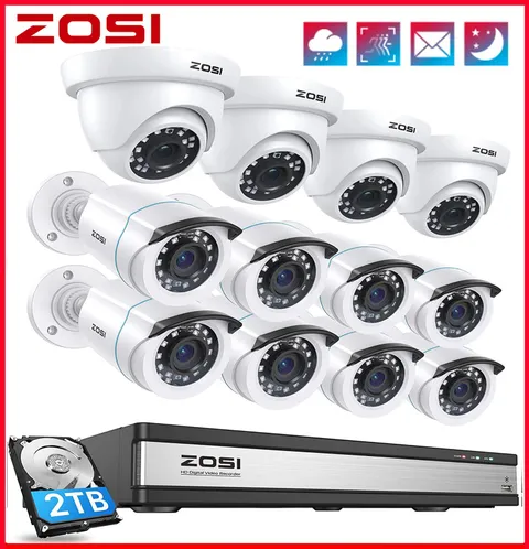 ZOSI H.265+ 16CH 5MP-Lite DVR 2MP Security Camera System Outdoor CCTV Camera 2TB