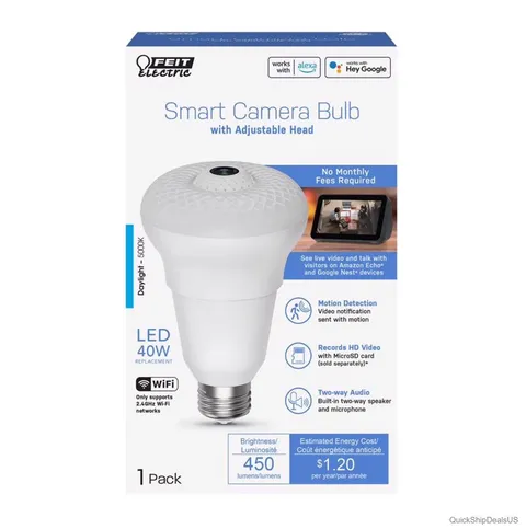 Smart Camera Light Bulb A23 E26 1080p Daylight Two-Way Audio Motion Alert No Fee