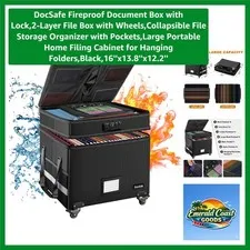 Collapsible Fireproof File Box with Lock and Wheels - Secure Document Storage