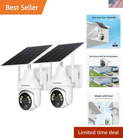 2K Solar Security Cameras Wireless Outdoor, 2 Pack 360° View Pan/Tilt WiFi Se...