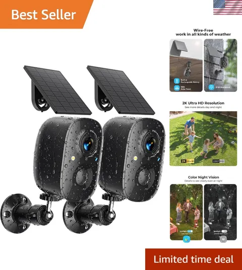 2K Solar Powered Wireless Security Cameras - AI Motion Detection & Night Vision