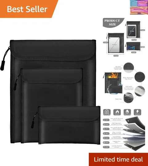 Fireproof Waterproof Document Bag 3-Pack Black 2000℉ Money Bag for Cash Passp...