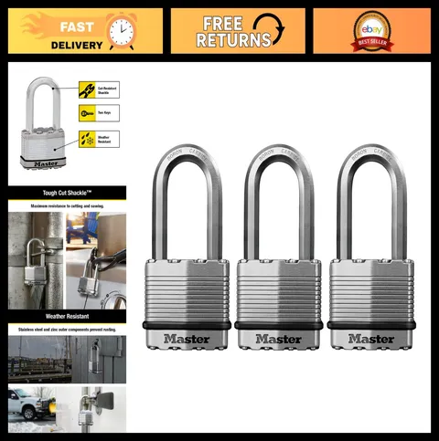 Heavy Duty Outdoor Padlock 3 Pack - Keyed-Alike Security Lock, Silver Finish