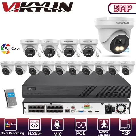Vikylin 16POE 16CH NVR Full Color Turret Mini 5MP Security IP Camera Systems lot