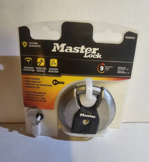 Master Lock M50XKAD is a heavy-duty, stainless steel discus padlock designed for