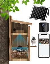 Solar Powered Bird House w/ 2K HD Camera – Night Vision, App Control, Cedar