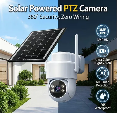 Smart Camera Solar Powered PTZ 3MP HD WiFi Security Camera Night Vision New