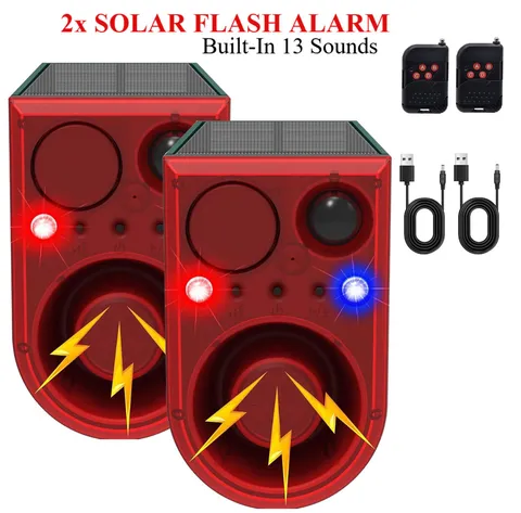 2XSOLAR MOTION DETECTOR ALARM ANIMAL REPELLENT DOG BARKING13 SOUNDS FLASH LIGHT