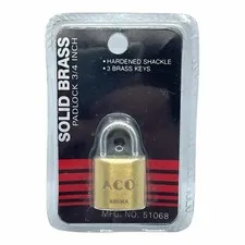 ACO Solid Brass Padlock 3/4 Inch Hardened Shackle 3 Brass Keys MFG. NO. 51068