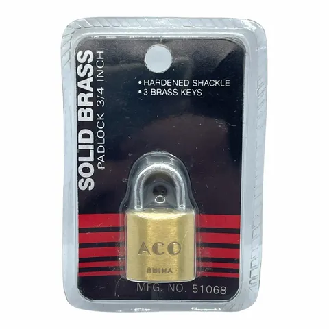 ACO Solid Brass Padlock 3/4 Inch Hardened Shackle 3 Brass Keys MFG. NO. 51068
