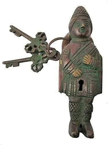 Handmade Vintage Style Brass Soldier Shape Padlock With Keys Working Functional